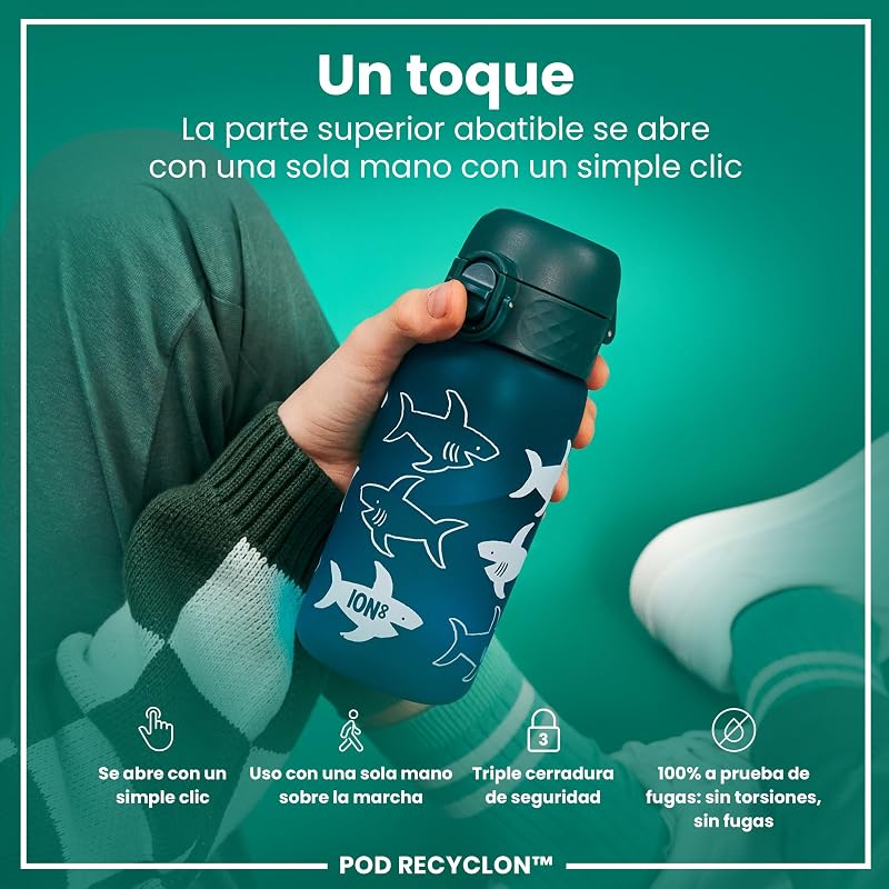 Botella de Agua para Niños, 350ml, a Prueba de Fugas, Fácil de Abrir, Cerradura Segura, Apta para Lavavajillas, Sin BPA, Asa de Transporte, Fácil de Limpiar, Tiburón