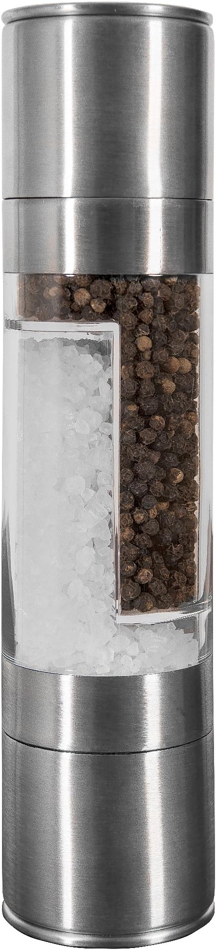 Dual Salt & Pepper Mill | Brushed Stainless Steel | Two Ceramic Grinders, One Mill | Simple Efficient Operation | Elegant Design
