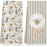 jkuitgdr Cute Bee and Moon Kitchen Towels 16x24 in Set of 2, Vintage Farmhouse Honey Bee Moon Floral Decorative Hand Towels for Kids Bathroom Kitchen, Preppy Striped Bow Dish Tea Towel