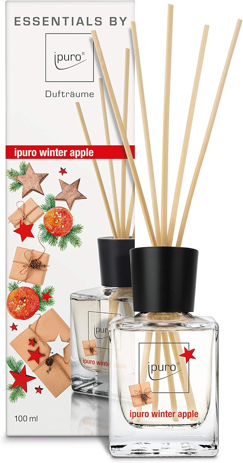 ipuro Essentials Raumduft winter apple - Raumduft-Set für eine wohlig-warme Atmosphäre - Lufterfrischer mit hochwertigen Inhaltsstoffen (100ml) - aus Glas mit Rattanstäbchen