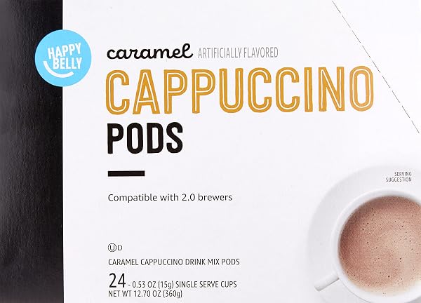 AMAZON BRAND – HAPPY BELLY CAPPUCCINO COFFEE PODS COMPATIBLE WITH K CUP BREWERS, LIGHT ROAST, CARAMEL FLAVORED, 24 COUNT, 12.72 OUNCE (PACK OF 1)