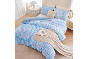 ANGIYUIN Blue Twin Size Duvet Cover Set for Girls Faux Fur Fluffy Kids Bedding Cover Set Tie Dye Striple Comforter Cover Soft Fuzzy Shaggy Kids Bed Cover Set(Blue Twin)