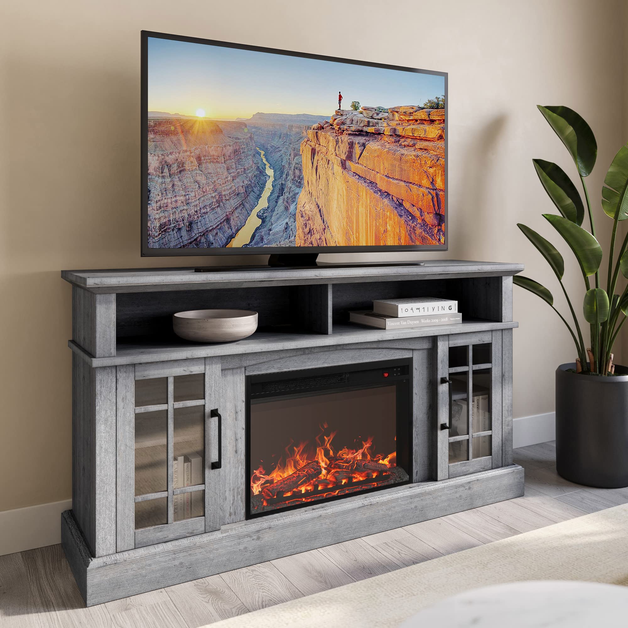 BELLEZE Traditional 58" Rustic TV Stand with 23" Electric Fireplace Heater, Media Entertainment
