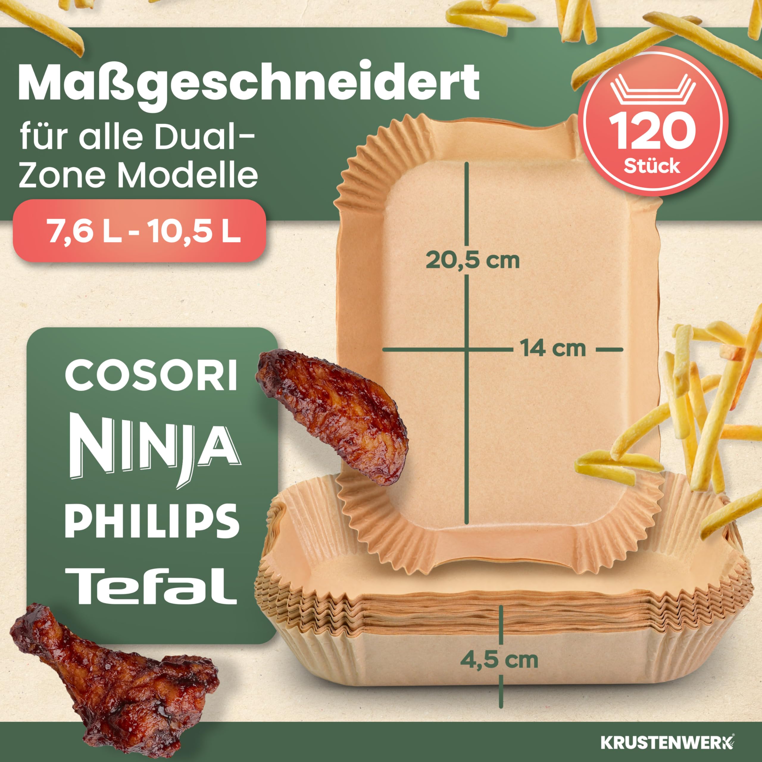KRUSTENWERK® 120 Stück Backpapier für Heißluftfritteuse Ninja 20,5x14cm | Airfryer Backpapier für Ninja Double Stack XL & AF300EU AF400EU SL400EU und weiteren Dual Zone Air Fryer | FSC Siegel 4
