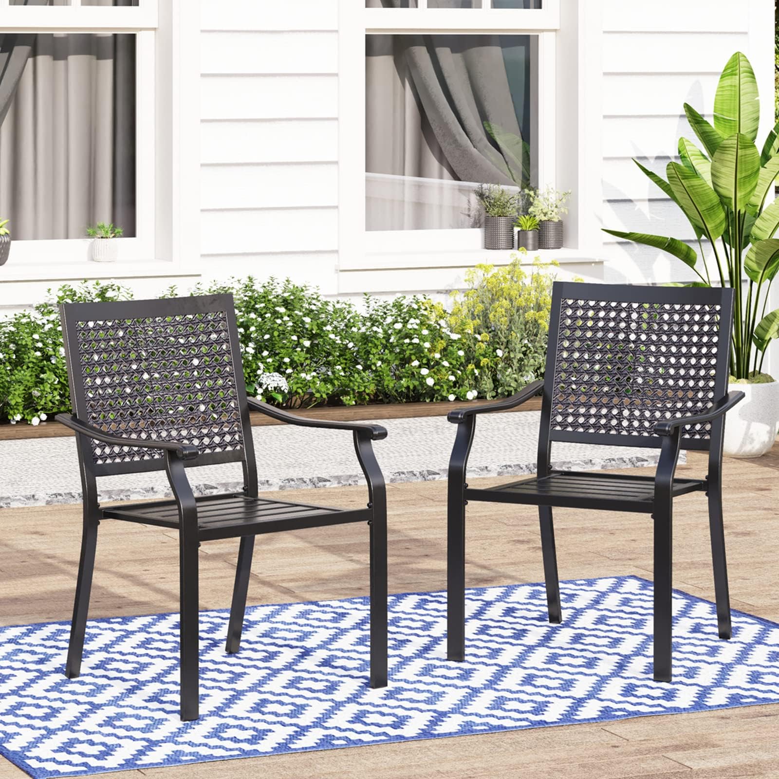 Photo 1 of MFSTUDIO 2 Piece Black Patio Dining Chairs,Stackable Outdoor Metal Mesh Chairs with Armest for Garden, Poolside, Backyard, Bistro, Supports 350 lbs
