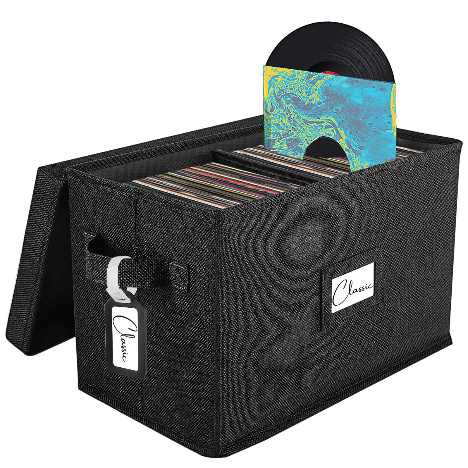 Woodoulogy Vinyl Record Storage Box for 7"/45 RPM LPs, Black Case with Lid Holds up to 80 Albums, CD Crate Play Music Collection Holder, Collapsible File Folder Cabinet Organizer with Handle