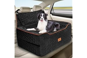 MELAFA365 Dog Car Seat for Medium/Large Dogs, Washable Dog Booster Seat for Dogs Under 60 lbs or 2 Small Dogs, Multi-Functional Pet Car Seat with Thick Cushion, 2 Safety Leashes, Snack Pockets & Dog Car Bed