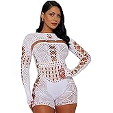 AIMISHI Sexy Long Sleeve Romper for Women See Through Mesh Hollow Out Bodysuit Seamless Jumpsuit