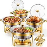 ALSO GO Chafing Dish for Buffet, 7QT 4 Pack Gold Round Chafing Dish Set with Glass Lid, Stainless Steel Serving Tray, Water Pan, Stand, Fuel Holder, Food Warmer for Party, Gathering, Banquet, Wedding