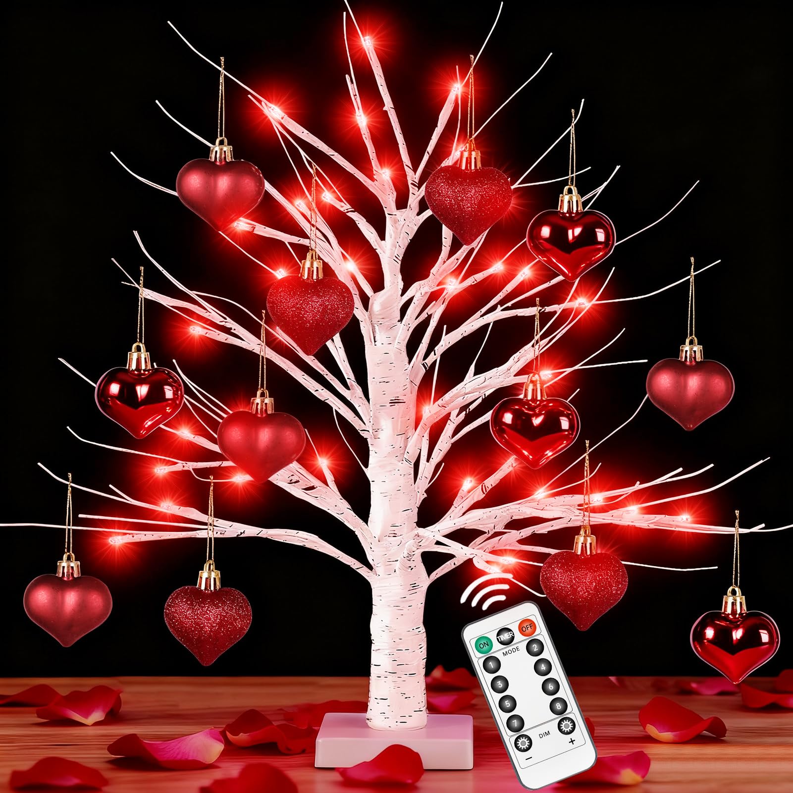 Photo 1 of [Timer] 24'' Valentine's 72 LED Lighted Birch Tree with 12pcs Ornaments,8 Lighting Modes LEDs Birch Tree Light Tabletop Pre Lit Tree Lights for Valentine Decor