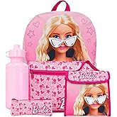 Barbie Backpack 4 Piece Set | Girls School Bag Set | Girls Backpack Lunch Bag Water Bottle and Pencil Case | One Size Pink
