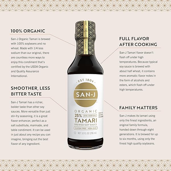 SAN-J – ORGANIC GLUTEN FREE TAMARI SOY SAUCE WITH 25% LESS SODIUM – SPECIALLY BREWED – MADE WITH 100% WHOLE SOY – 20 OZ. BOTTLE
