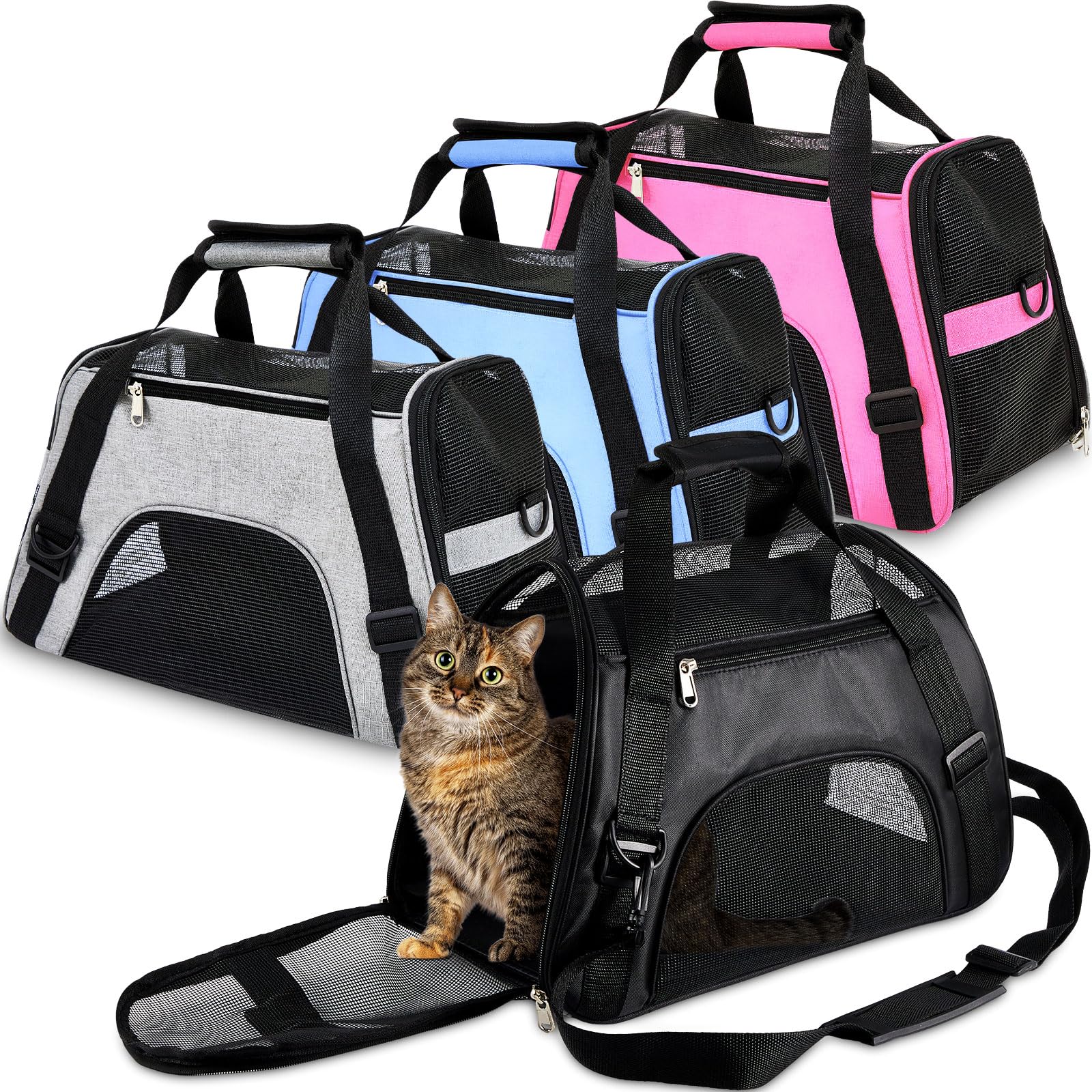 Photo 1 of Sweetude 4 Pcs Cat Carrier Soft-Sided Pet Carrying Bag for Cat Under 13 Lbs, 16.9 x 11x 7.5 Inch, Portable Foldable Comfortable Bag for Small Pet Travel(Black, Gray, Pink, Blue)