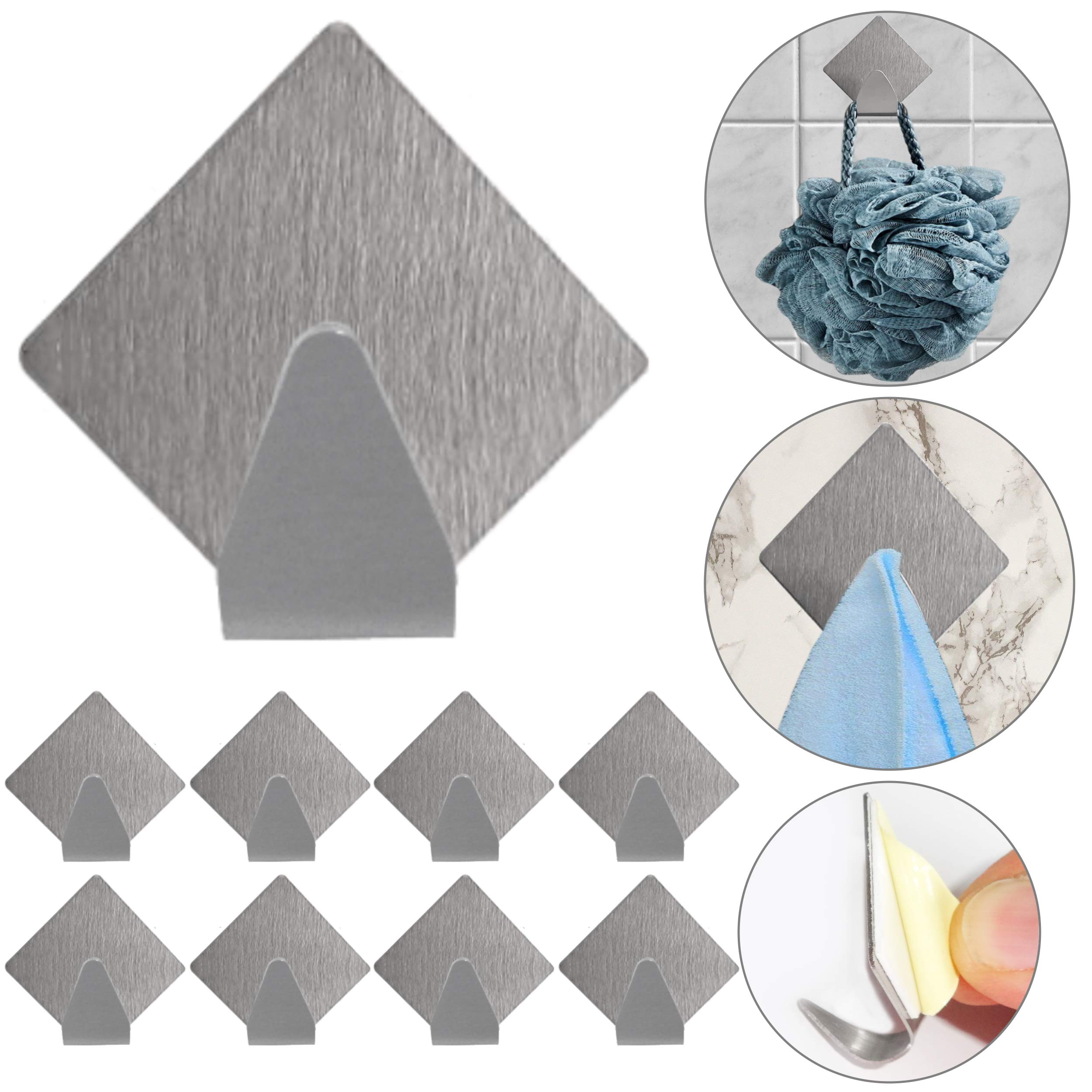 O&W Security 8 Hooks, Stainless Steel, Self-Adhesive Wall Hooks, for Kitchen, Bathroom, Workshop, Extremely Adhesive, Waterproof, No Drilling. Square