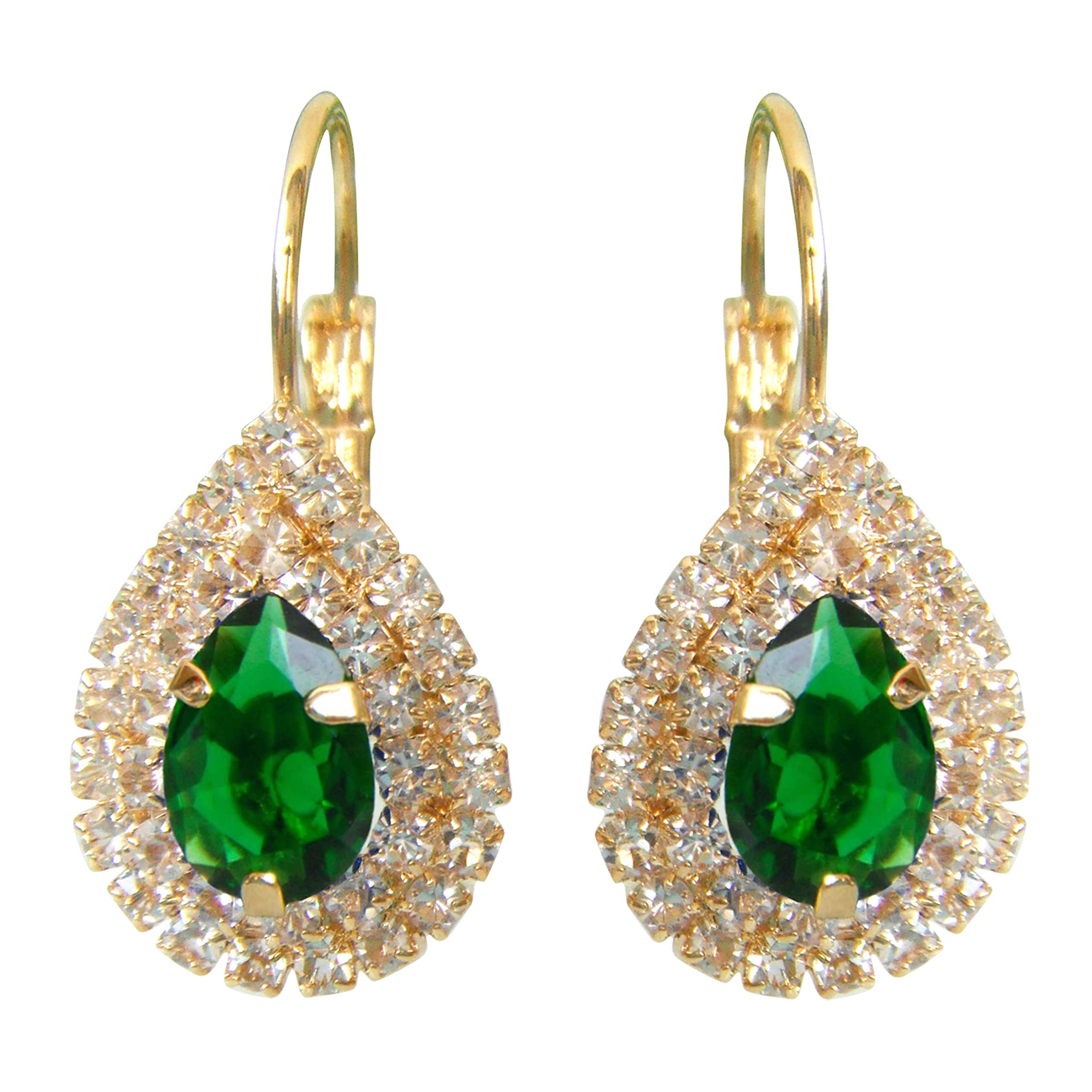 Navachi 18k Gold Plated Pear-Shape Green Zircon White Crystal Hoop Az2676e Leverback Earrings