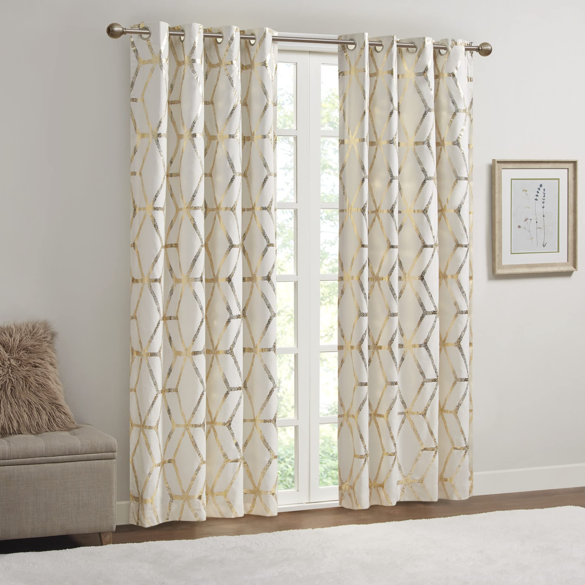 Comfort Spaces Vivian Total Blackout Window Curtain Panel Pair, Metallic Geometric Design, Thermal Insulated Light Blocking Drape for Bedroom and Apartments, 50x63, Ivory/Gold, 2 Piece