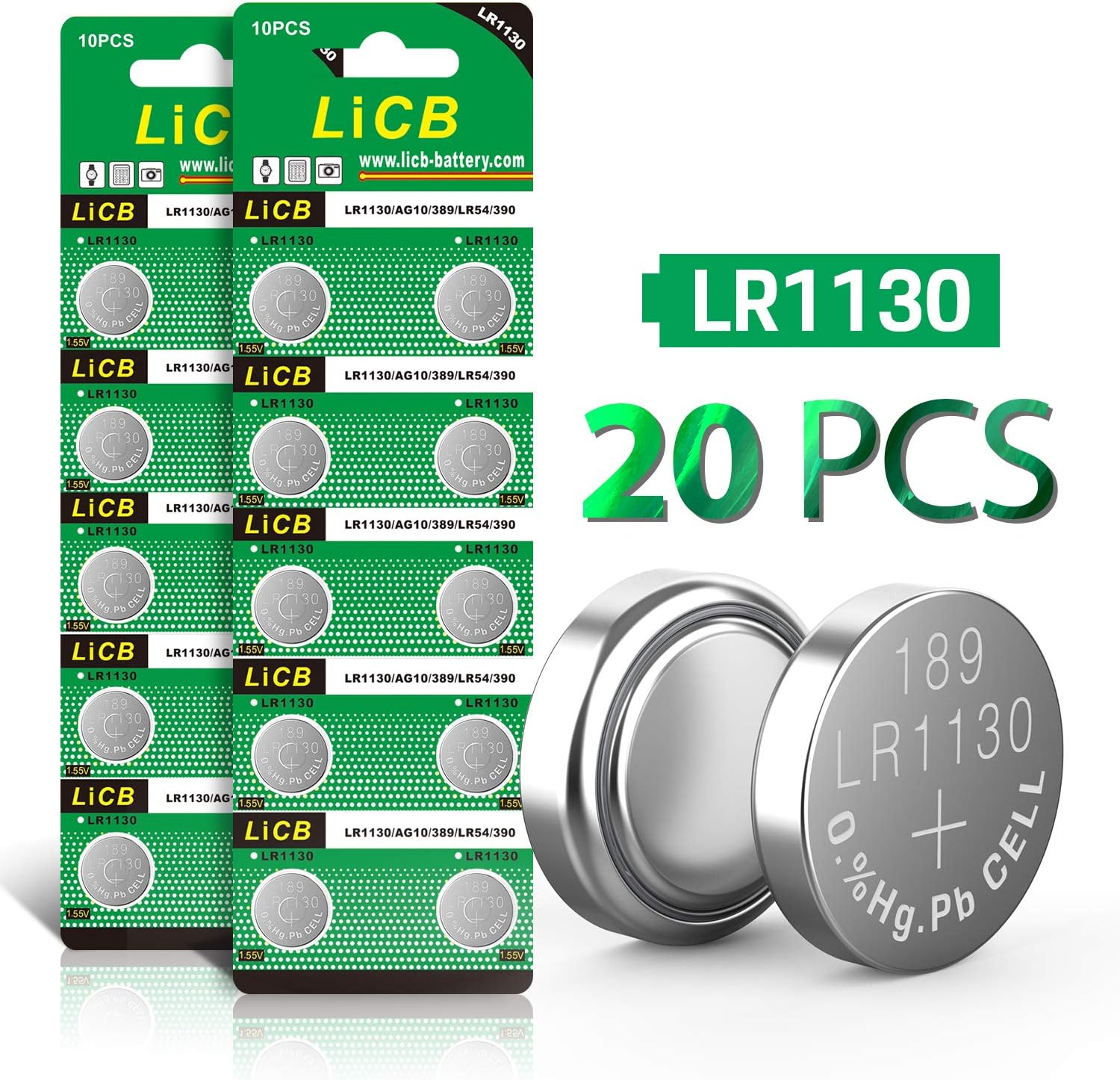 LiCB 20 PCS LR1130 AG10 Battery 1.5V Alkaline Button Cell Batteries for Watch, 20 Count (Pack of 1)