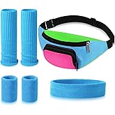 Xuniea 6 Pcs 80s 90s Workout Costumes Neon Leg Warmers Headband Wristbands Fanny Pack for 80s 90s Theme Party(Blue)