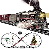 Hitish Train Set for Kids, Electric Train Toys with Realistic Light Sounds Smoke, Christmas Train Model Gifts for Toddlers Boys Girls, Steam Locomotive, Luxury Track & 3 Truck Carriages