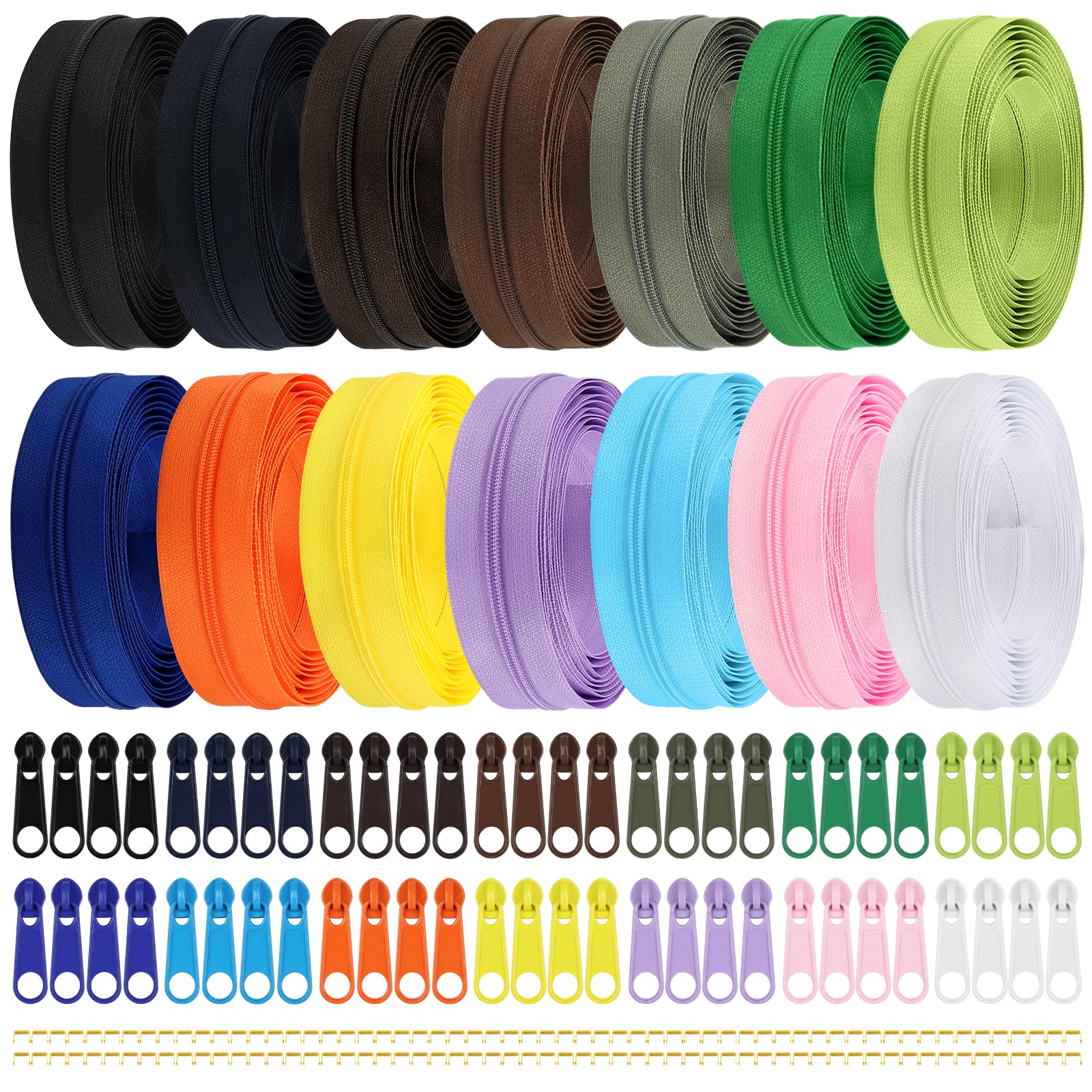 DOITEM 42.9 Yards/ 39.2 m 14 Pieces Assorted Colors #3 Nylon Coil Zippers, Sewing Zippers Endless Zips with 56 Pieces Zipper Sliders Zip Heads for DIY Sewing Tailor Craft Supplies