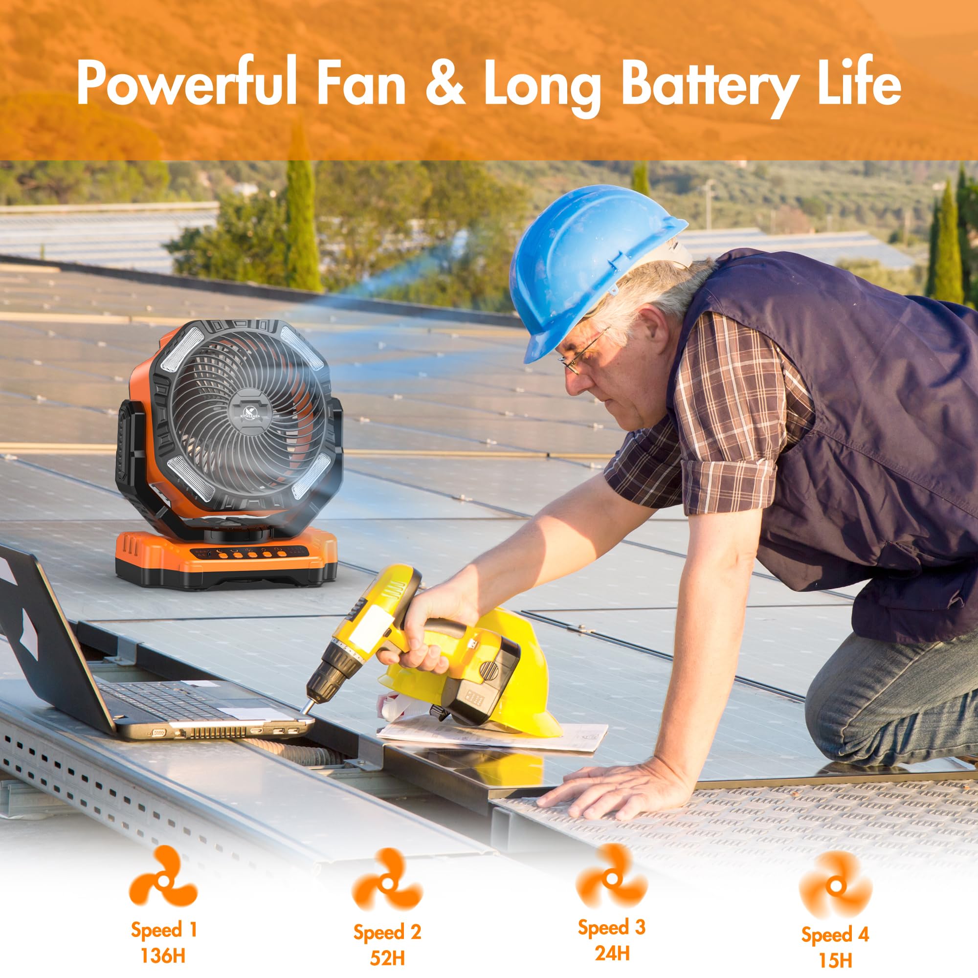 40000mAh Battery Powered Camping Fan - 136H Max Cooling, Rechargeable Battery Operated Oscillating Floor Fan with Charger, Remote & Hook, Portable for Tent Outdoor Patio Garage Hurricane Power Outage