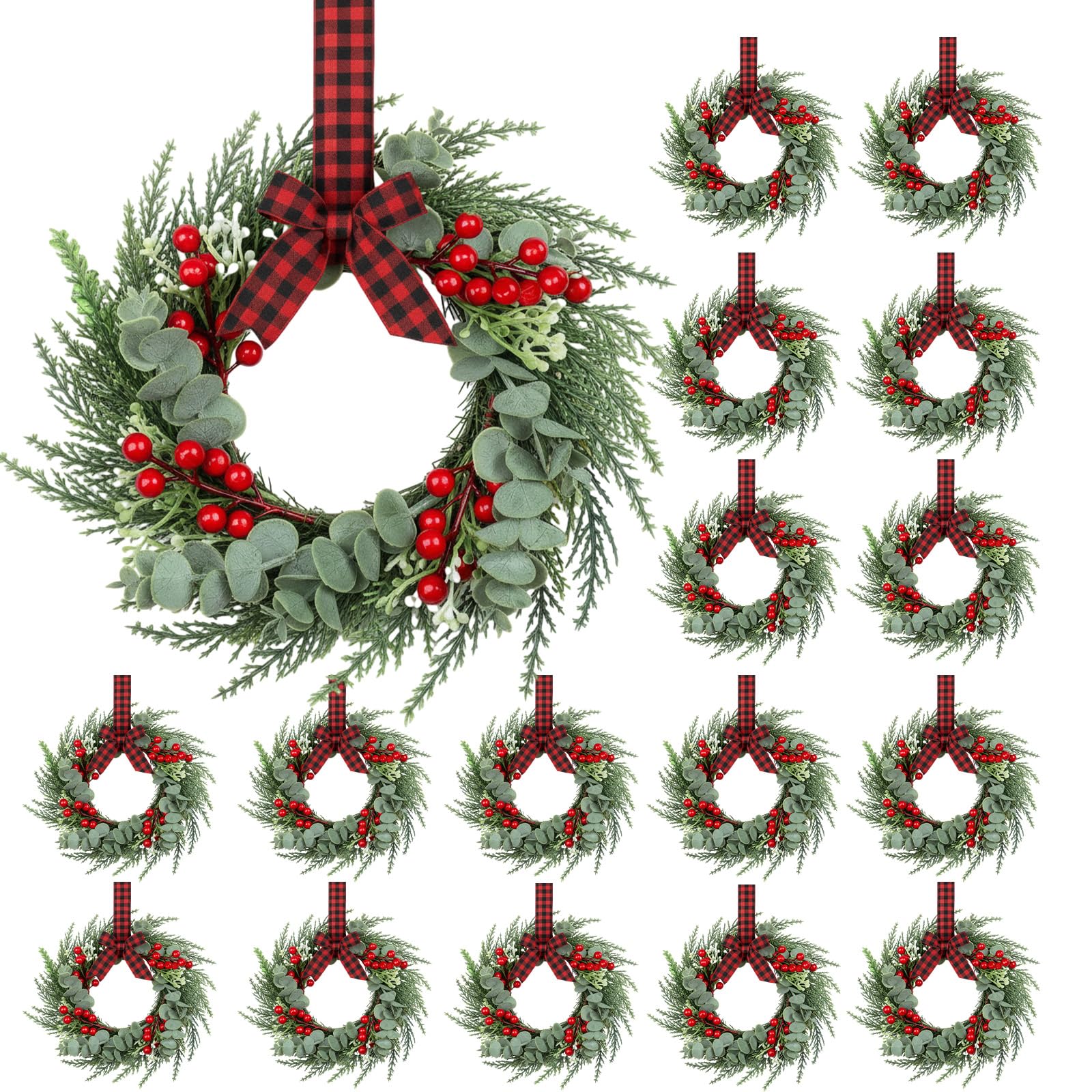 Photo 1 of 18 Pcs 8" Mini Christmas Wreaths for Kitchen Cabinet Small Christmas Candle Rings Wreaths, Front Door Pillars/Home Table Centerpieces Hanging Garlands, for Windows/Wedding Decor (No Red Ribbon)