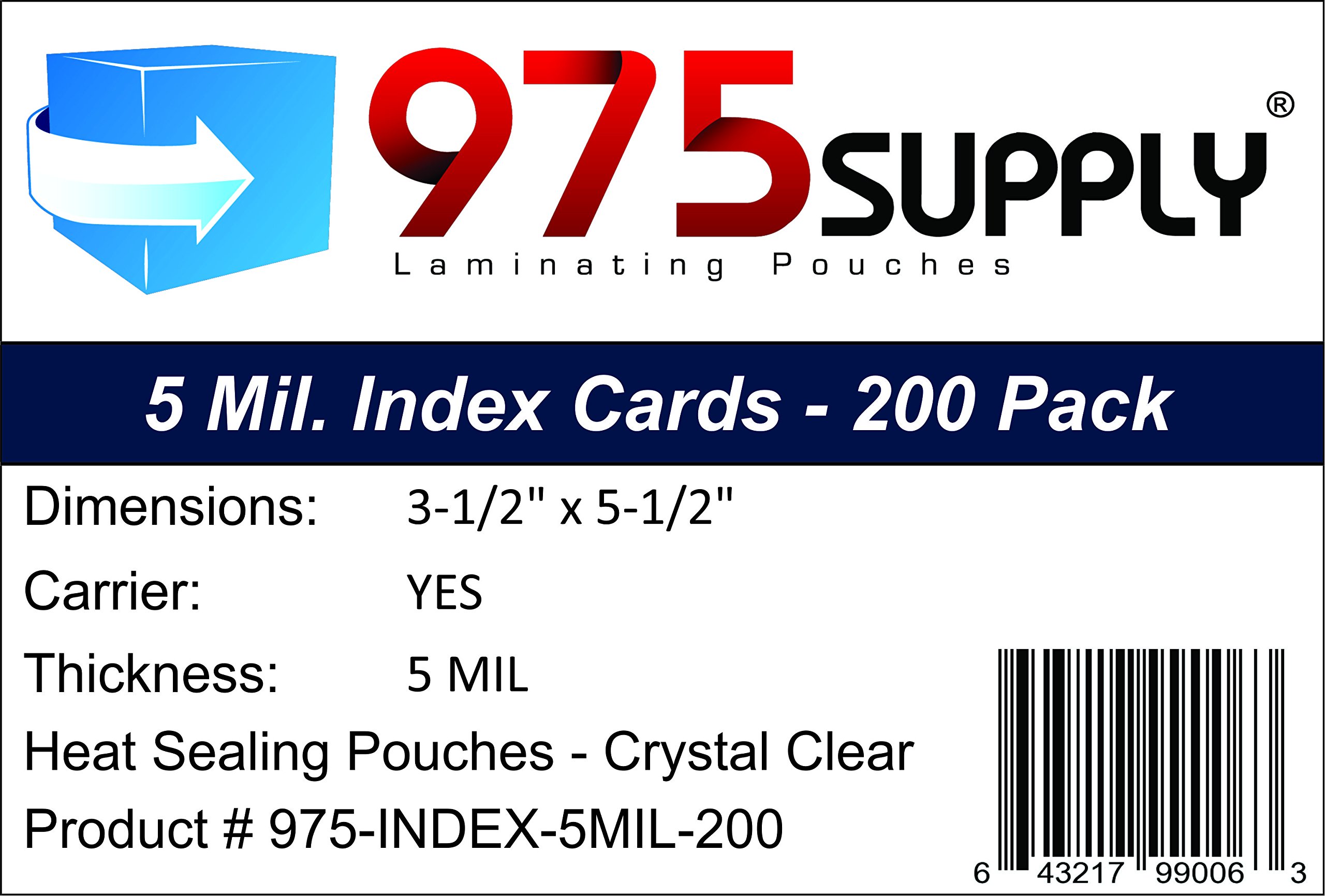975 Supply 5 Mil Index Card Laminating Pouches, 3.5 x 5.5 inches, 200 Pouches