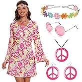 HyperFun 60s 70s Outfit for Women Disco Dress Hippie Costume Accessories Set 70s Clothes for Groovy Party Halloween Cosplay