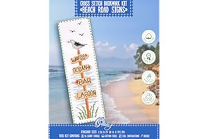 POVITRULYA Beach Signs Cross Stitch Bookmark - Coastal Wood Signs Embroidery Set with Paper Pattern, 16 Count Aida Cloth and Pre-Sorted Floss