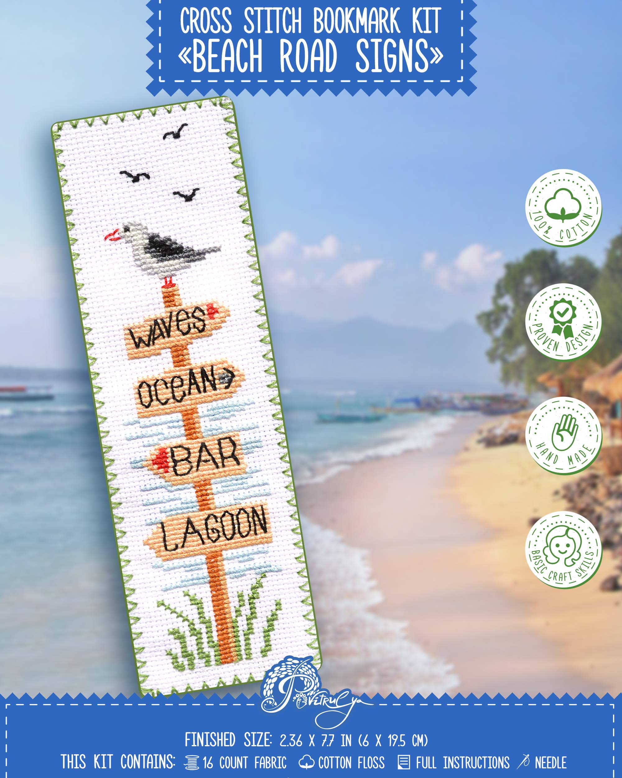 Povitrulya Beach Signs Cross Stitch Bookmark - Coastal Wood Signs Embroidery Set with Paper Pattern, 16 Count Aida Cloth and Pre-Sorted Floss