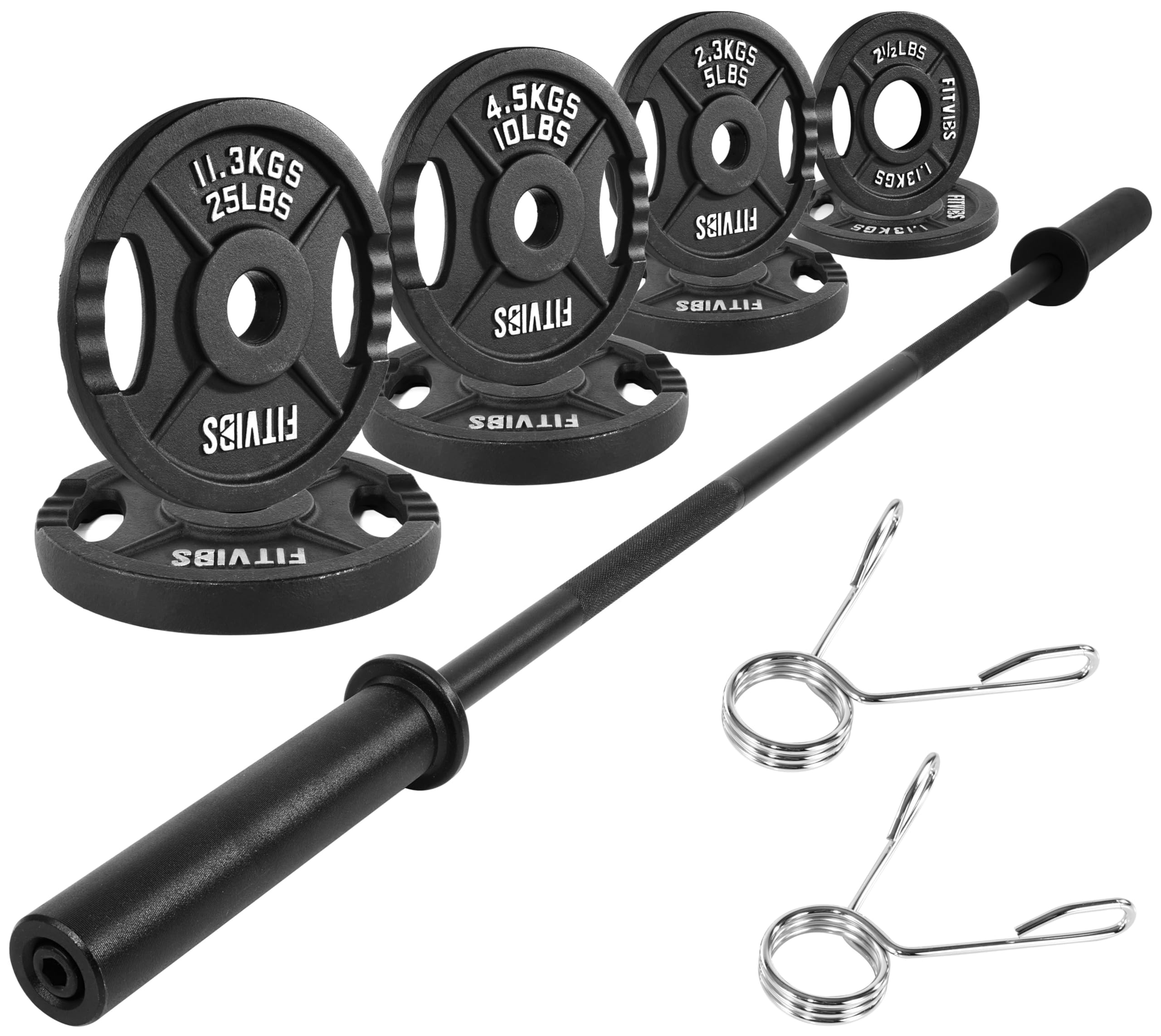 Photo 1 of *PARTS ONLY** Fitvids Cast Iron Olympic Weight Plates Including 5FT Olympic Barbell with Locks, 100-Pound Set (85 Pounds Plates + 15 Pounds Barbell)