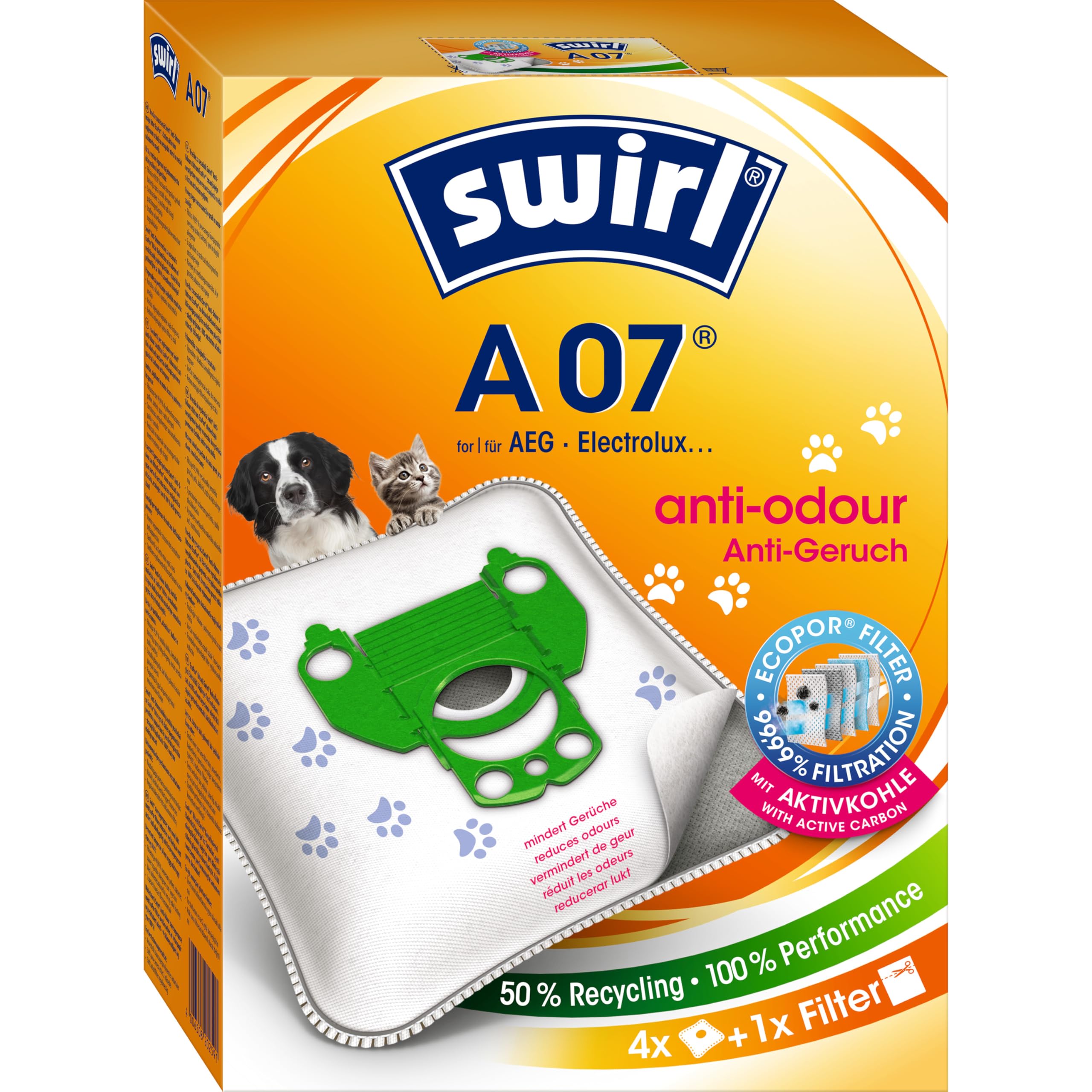Swirl A07 NeutralizAir vacuum cleaner bag for AEG vacuum cleaner, 4 bags + 1 filter