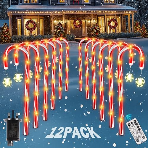 12 Pack Christmas Candy Cane Lights Outdoor with 12 Modes, 84LED Christmas Path Marker with Snowflakes, Timer Waterproof LED Candy Cane Lights for Yard Garden Lawn Patio Holiday Landscape Decor