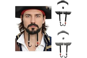 BROMOBIZ Pirate Captain Style Goatee with Braids and Mustache, Human Hair Fake Beard for Men, Realistic Beard for Halloween Cosplay, Themed Parties Costume, Comic Con or Theater (Black)