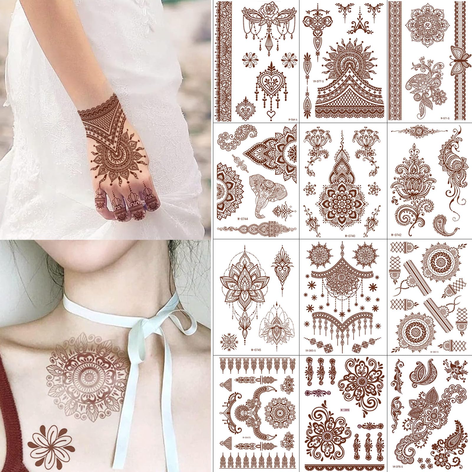Syloripha 12 Sheets Temporary Tattoo Sticker Set,Waterproof Indian Lace Mandala Flower Pattern,Body Art Fashion Decoration Suitable for Women Girls Diy Body Neck Chest Arms Legs (Brown)