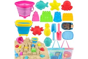 FUSPWEAO Collapsible Beach Toys Sand Toys for Kids, Sandbox Toys with 2 Collapsible Beach Buckets, Mesh Bags, Sand Molds, Sand Castle Toys for Beach, Travel Beach Toys for Kids 3-10