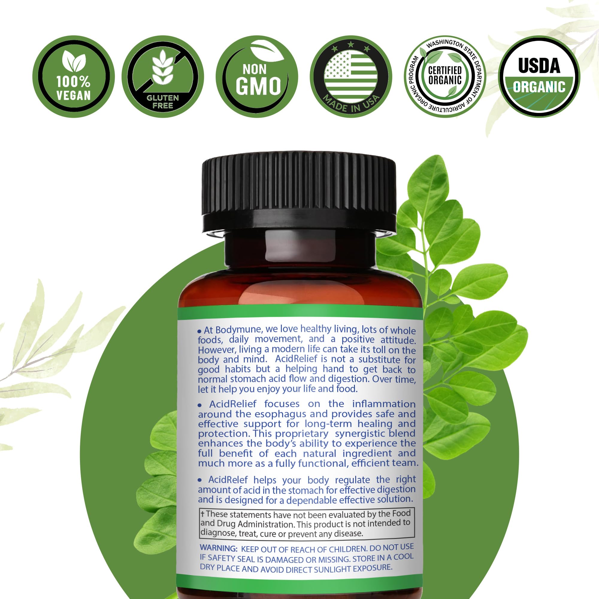 Bodymune AcidRelief Acid Tamer | Promotes Stomach Comfort & Digestive Wellness* | Organic Herbal Blend for Gut Health* | 60 Capsules | Made in USA, USDA Organic, Vegan, Non-GMO, Gluten-Free