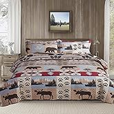 Ycosy Rustic King Size Quilt Set - Home Lodge Bedding Set with Plaid Quilts, Lightweight Reversible Bedspread Coverlet Wildlife Moose Pine Tree Bedding, and 2 Pillow Shams Decor