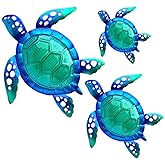 JOYBee Sea Turtle Wall Art Decor, Metal & Glass Sea Life Nautical Home Wall Hanging Decor,Ocean Theme Coastal Decorations for Indoor Outdoor Bathroom and Garden-Blue（Set of 3）