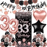 33rd Birthday Decorations for women, TSVATE Rose Gold Happy 33rd Birthday Decorations, Happy 33 rd Banner, Thirty Three Backdrop for Yard Door Wall, 33 Balloons, Pompoms, Star Streamer