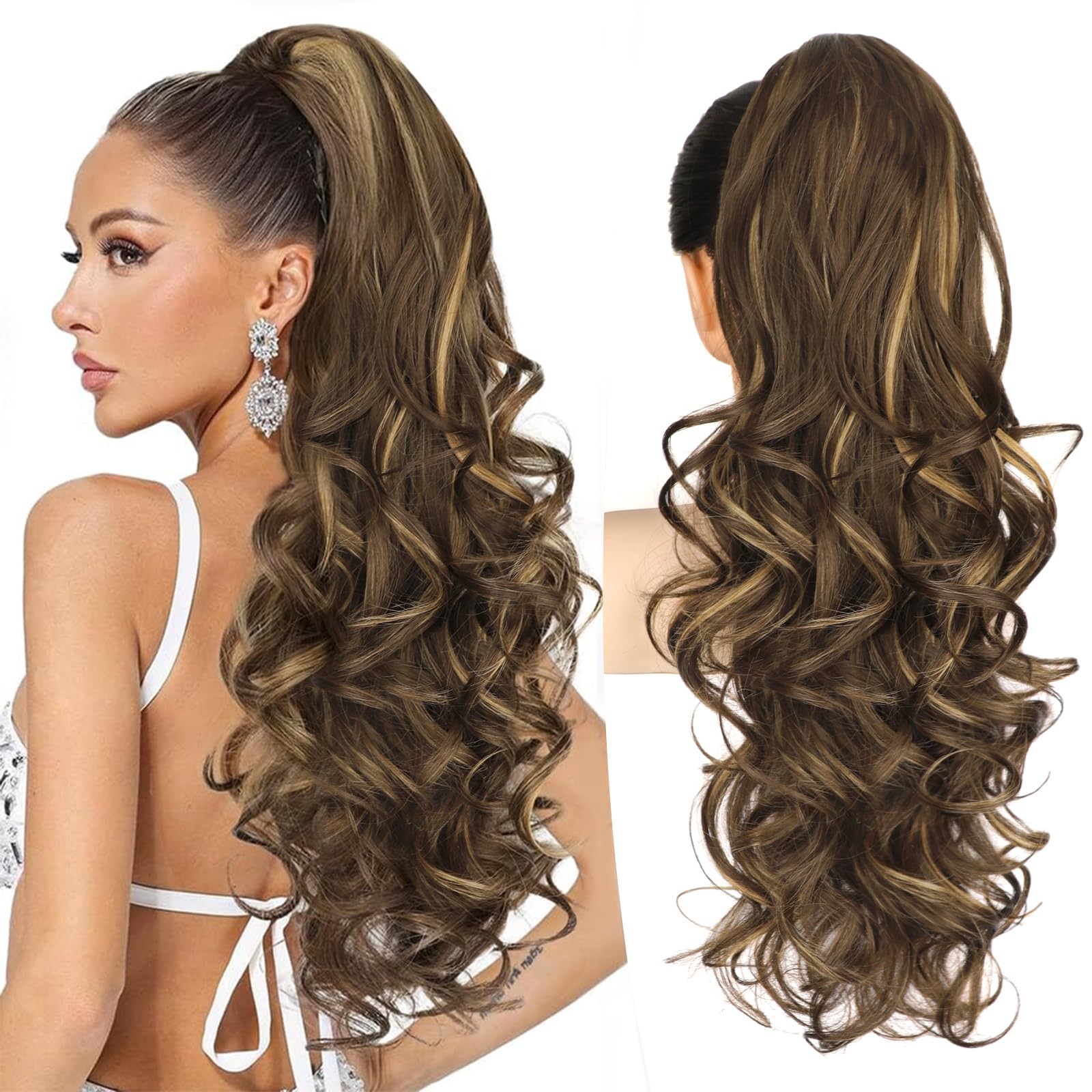 Photo 1 of ALXNAN Ponytail Extension,24 Inch Claw Clip in Long Curly Wavy Chocolate Brown with Highlights Ponytail Hair Extension Jaw Clip on Pony Tails Hairpiece for Women