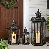 JHY DESIGN Set of 3 Decorative Candle Lanterns 20''&14"&10" H Outdoor Candle Lanterns Vintage Metal Cand leholder for Indoor 