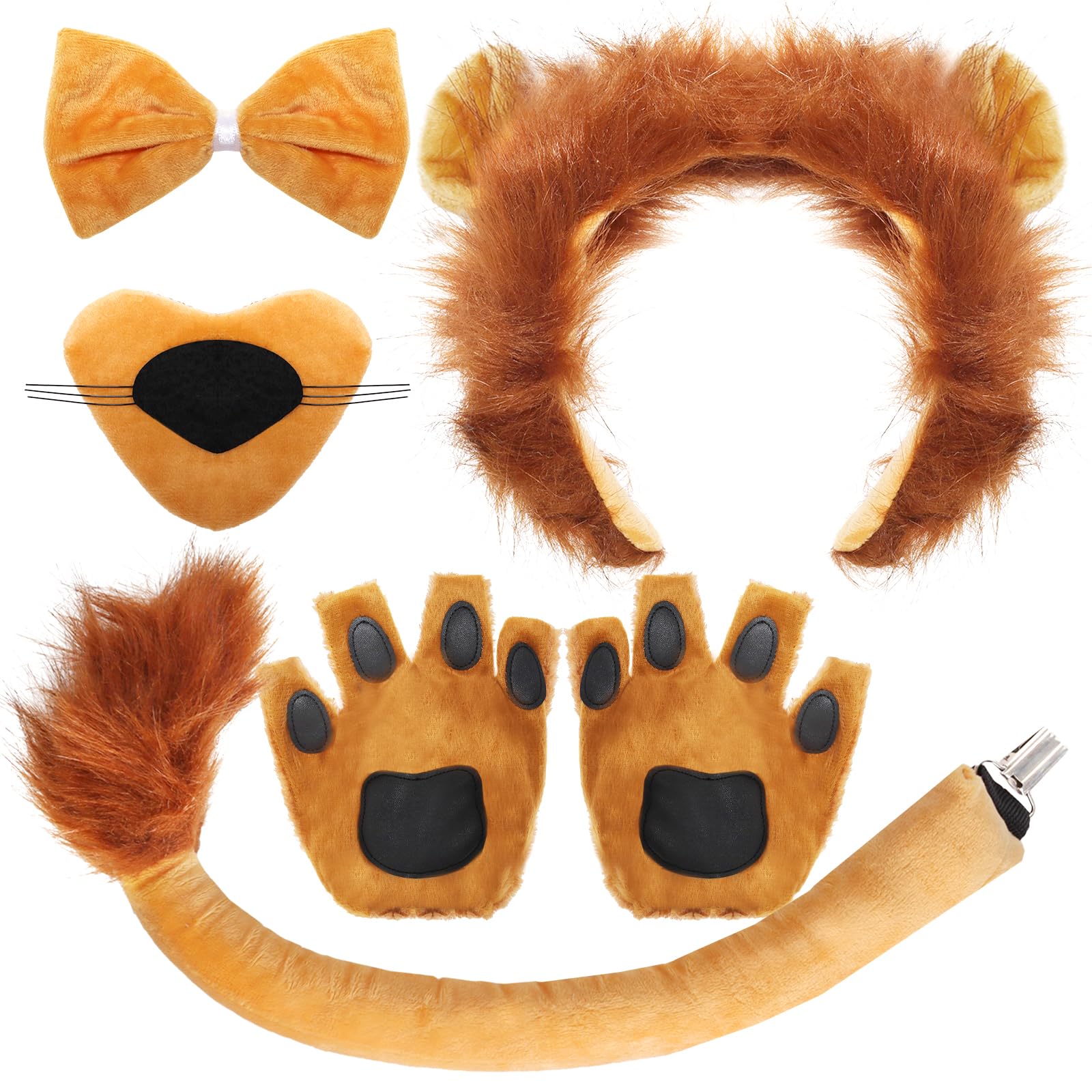 Photo 1 of 6Pcs Lion Costume Lion Ears Headband and Tail Set Nose Bowtie Gloves Halloween Cosplay Accessories Party Supplies for Adults