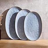 famiware Serving Platter, Oval 15.59/14.3/12.9inch Serving Dishes for Entertaining, Serving Bowls, Reactive Glaze, Stoneware Serving Trays for Party, Food, Turkey, Cheese, Ocean Series, Blue