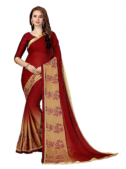 Womens Silk Blend Saree With Blouse Piece (c-luxury108_Beige & Maroon)
