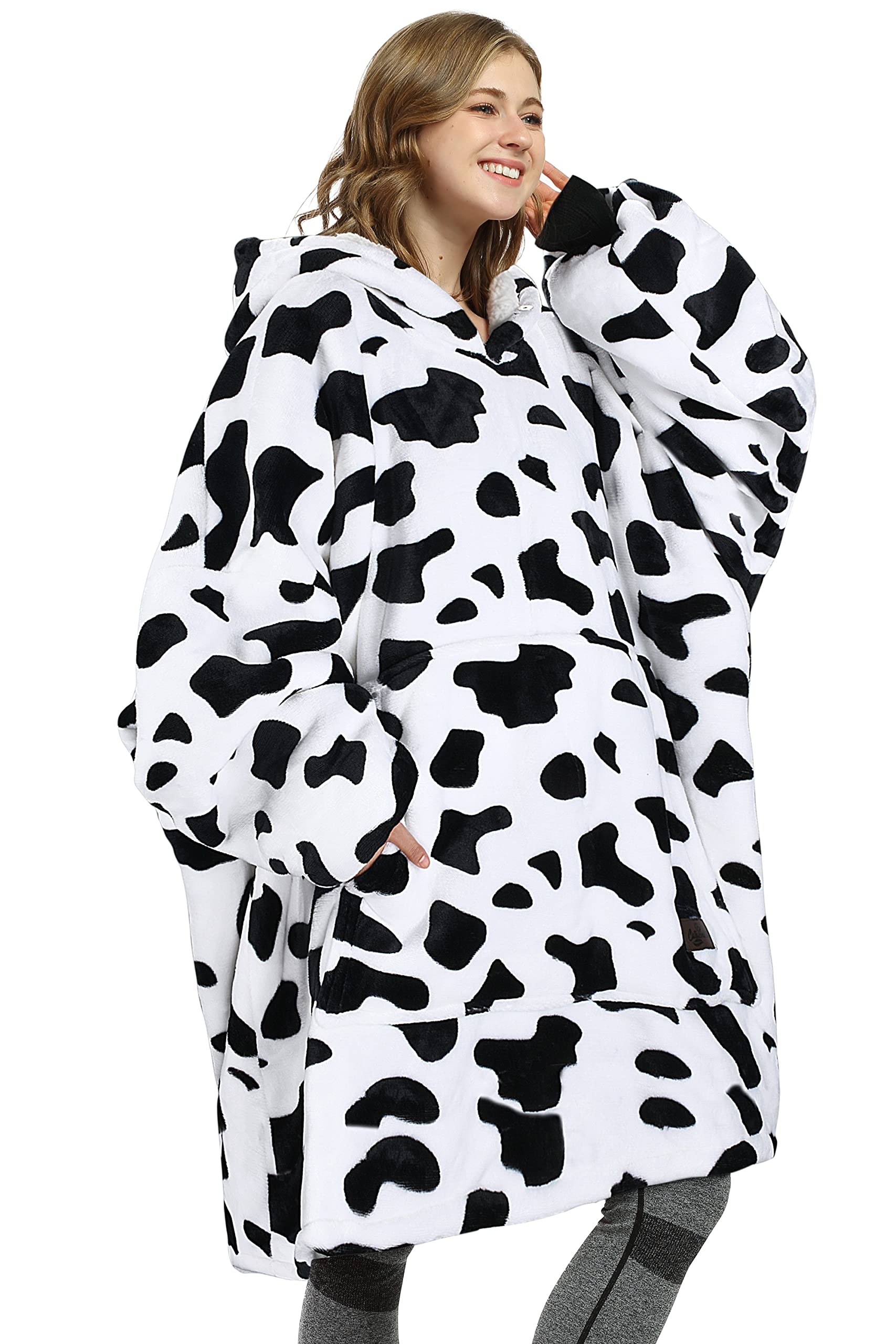 Oversized Hoodie Blanket, Warm Gifts for Women, Cosy Sherpa Sweatshirt, Soft Wearable Fleece Blanket, Giant Hoody Sweater with Front Pocket Adults Men Friends, Dalmation