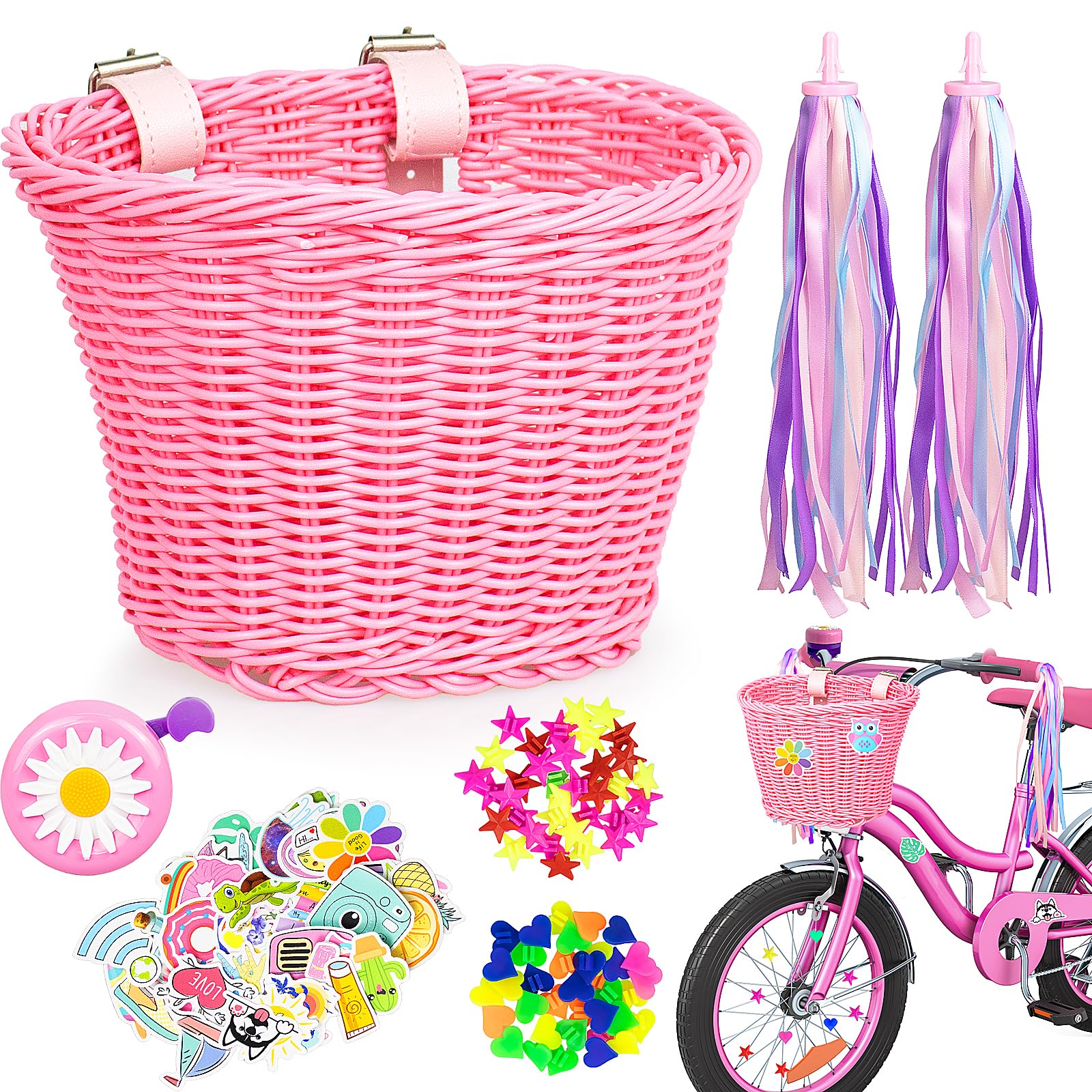 Kids Bike Basket Set, Kids Bike Basket Handwoven Cycle Basket for Kids, Cycling Baskets with Spare Leather Straps, Cute Sticker, Bike Tassels, Wheel Decoration and Bike Bell for Girls Boys