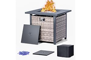 SUSICI Outdoor Propane Fire Pit Table 50,000 BTU Auto-Ignition Wicker Rattan Gas Fire Pit Table with Lid, Glass Beads,Waterproof Cover, Steel Tabletop Perfect for Garden Patio Backyard, CSA Certification
