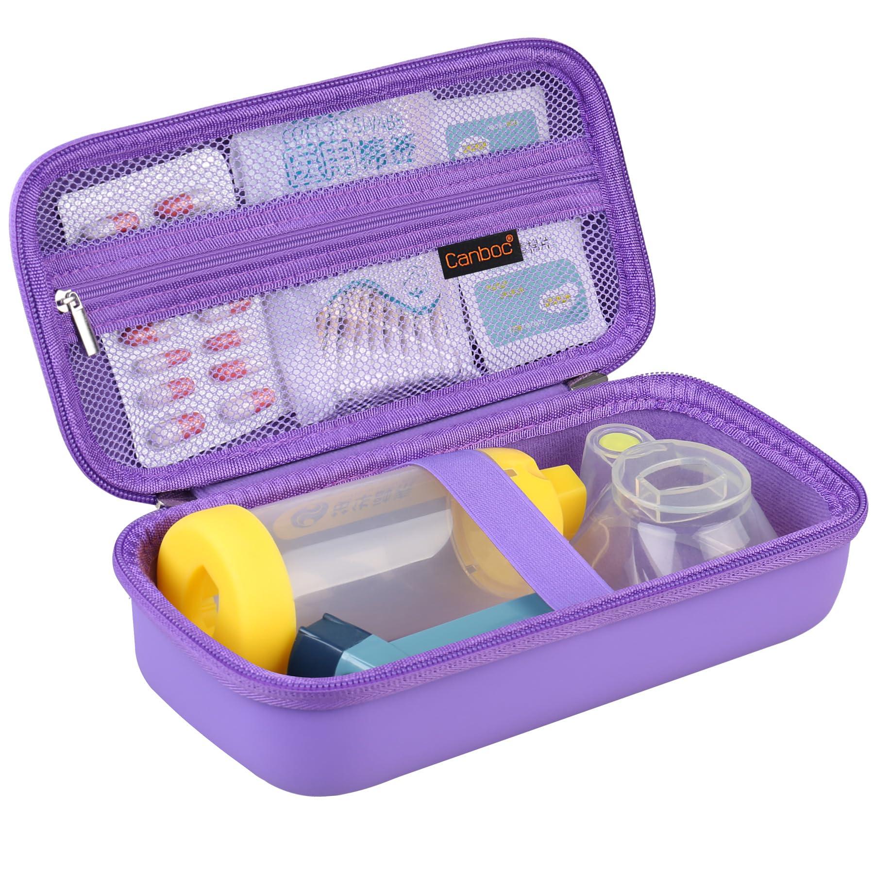 Canboc Travel Carrying Case for Asthma Inhaler, Handheld Spacer for Adults and Kids, Masks, Hard Inhaler Case with Mesh Pocket fit Medicine and Other Essentials, Purple (Case Only)