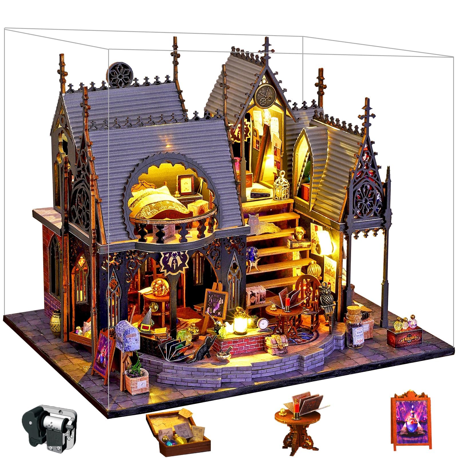 Spilay Diy Miniature House Kit with Wooden Furniture, with Music Box Dust Proof Cover and LED, 1:24 Scale Creative for Women Girl Friend Lover (Luna's Maqic House) — image 1